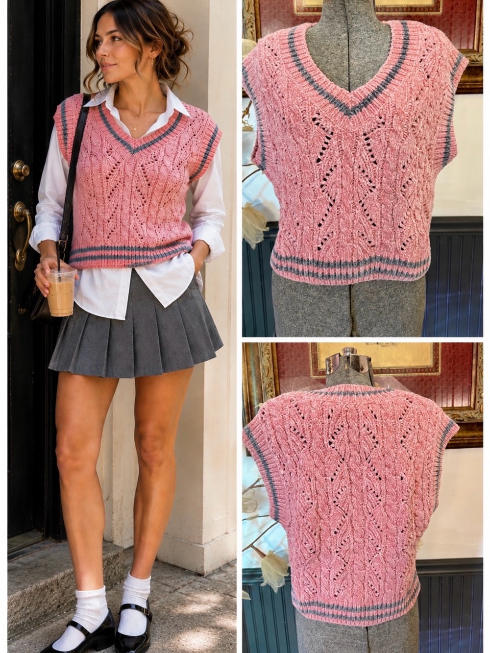 English Factory Chenille Cable Knit Sweater Vest Pink Gray Short Boxy Sz M 💛🍄